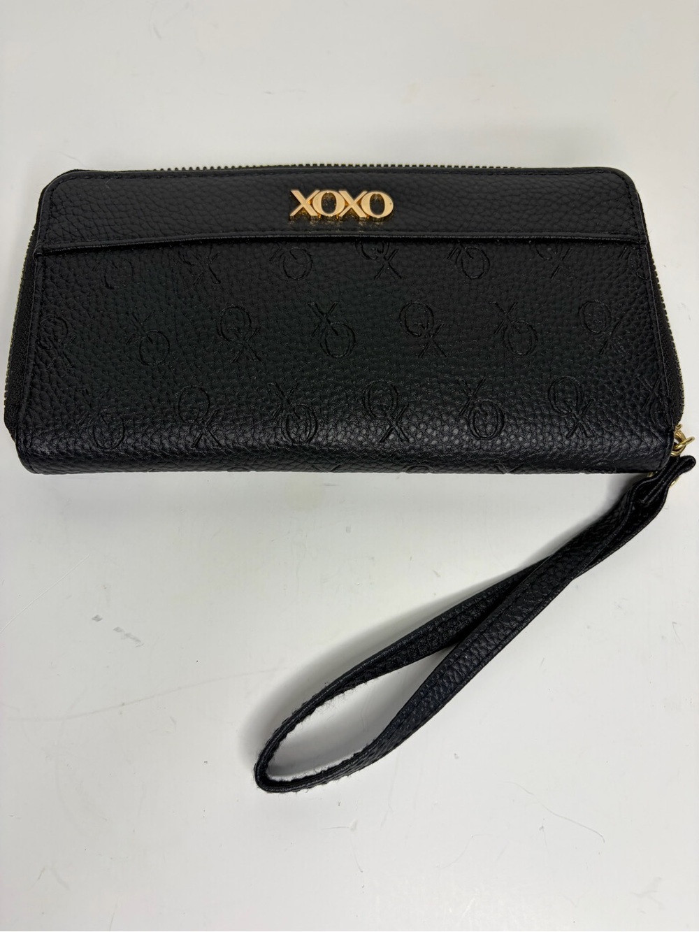 XOXO Black Logo-Embossed Wristlet Clutch with Gold Hardware